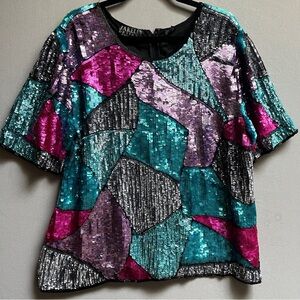 Vintage Jakelin Designs silk rayon sequin short sleeve shirt mini dress Sz 2X